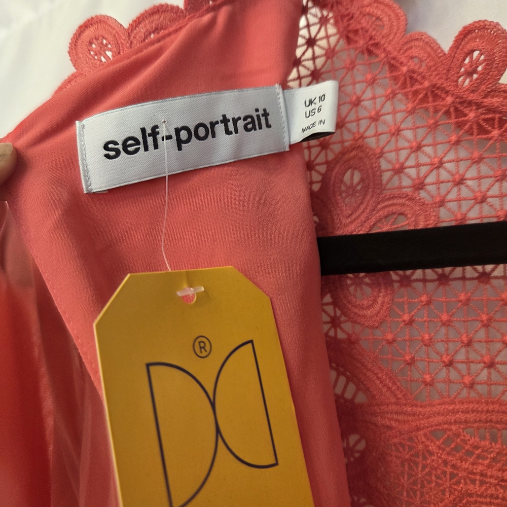 Self-Portrait Coral Pink Chiffon Lace Bib Maxi Pleated Dress – Size US 6 NWT - Picture 6 of 10